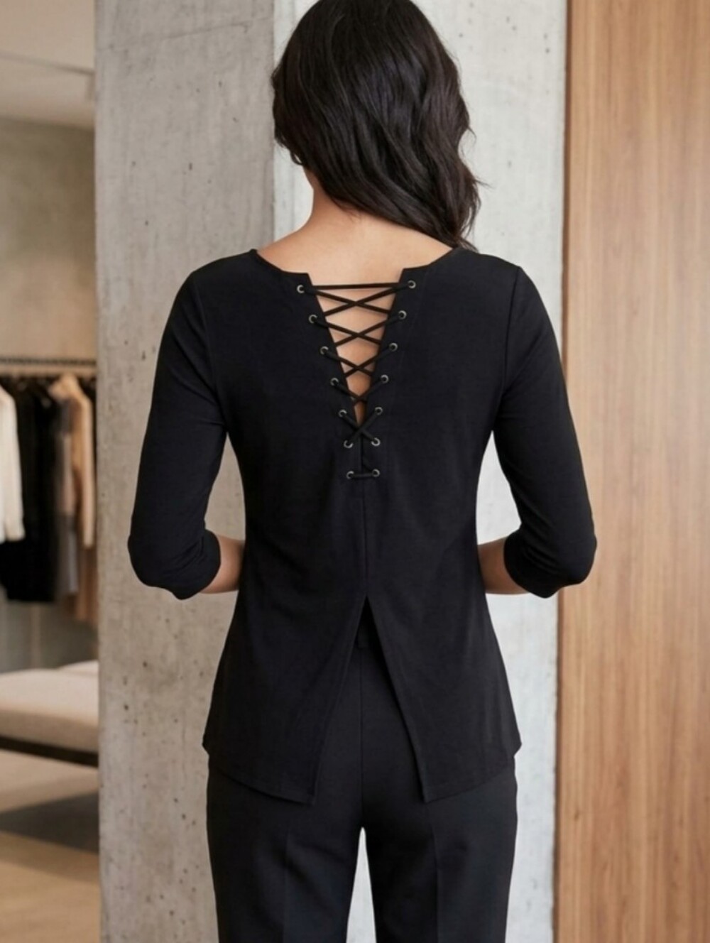 Boston Proper Classic Black 3/4 Sleeve Lace Up Back Top Size Small